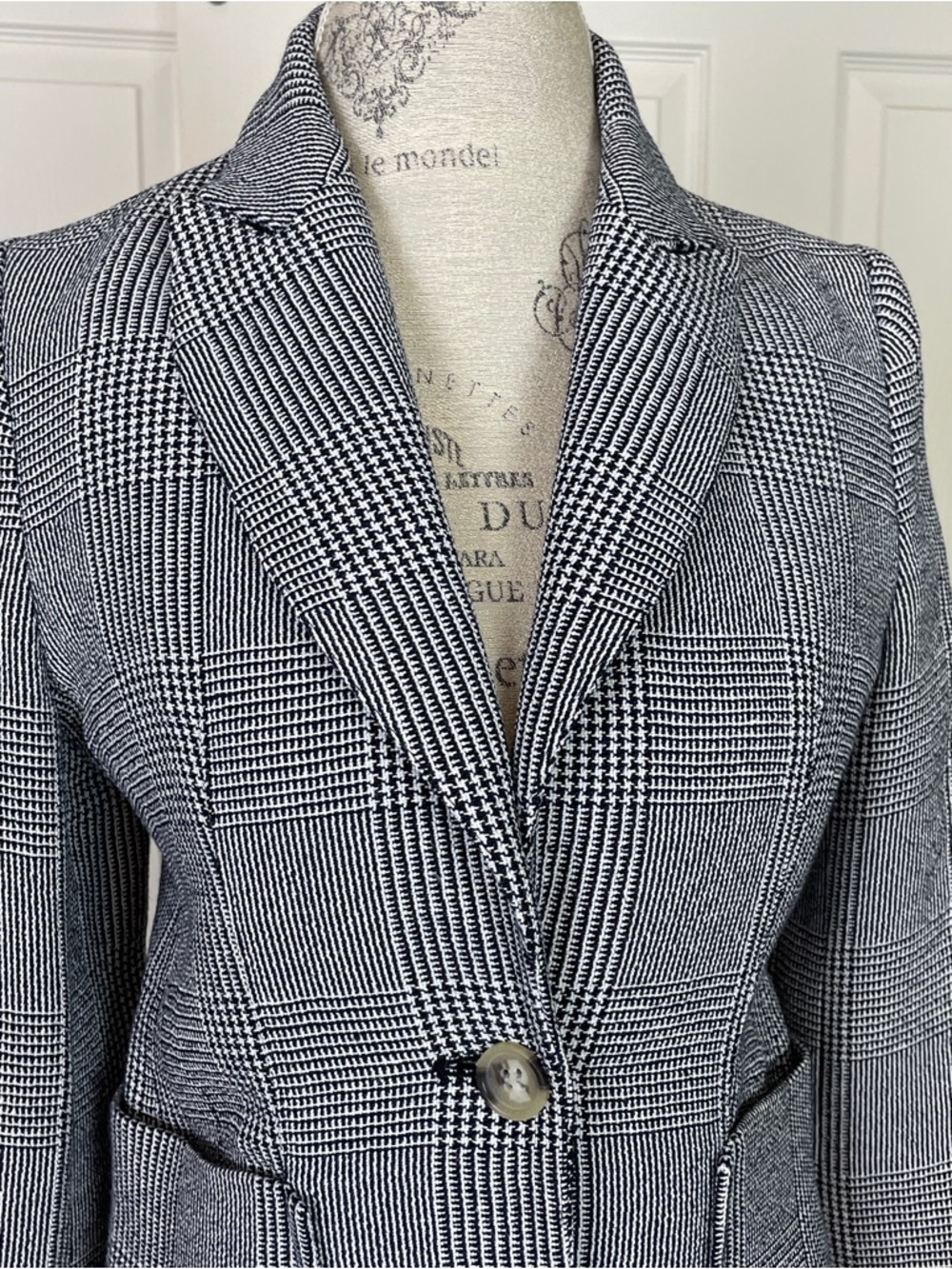 SMYTHE Portrait Neck Blazer Navy Prince of Wales Glen Plaid Linen Blend 8 - Picture 3 of 10